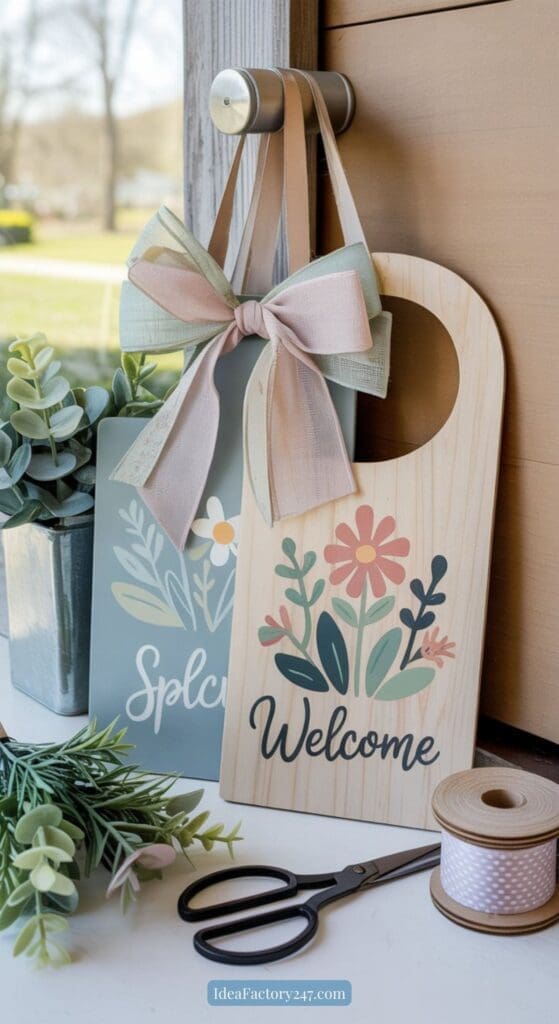 Two decorative wooden signs with floral designs and the words Welcome and Splc are displayed by a window. A ribbon, potted plant, scissors, and spool of ribbon are arranged nearby. Sunlight streams in from outside.