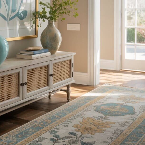 A bright, airy entryway features a wooden sideboard with wicker doors, blue and beige vases, a large framed print, a woven basket with a plant, and a floral-patterned runner rug on a hardwood floor. Sunlight streams through glass doors.