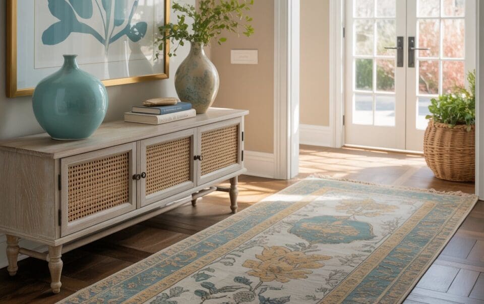 A bright, airy entryway features a wooden sideboard with wicker doors, blue and beige vases, a large framed print, a woven basket with a plant, and a floral-patterned runner rug on a hardwood floor. Sunlight streams through glass doors.