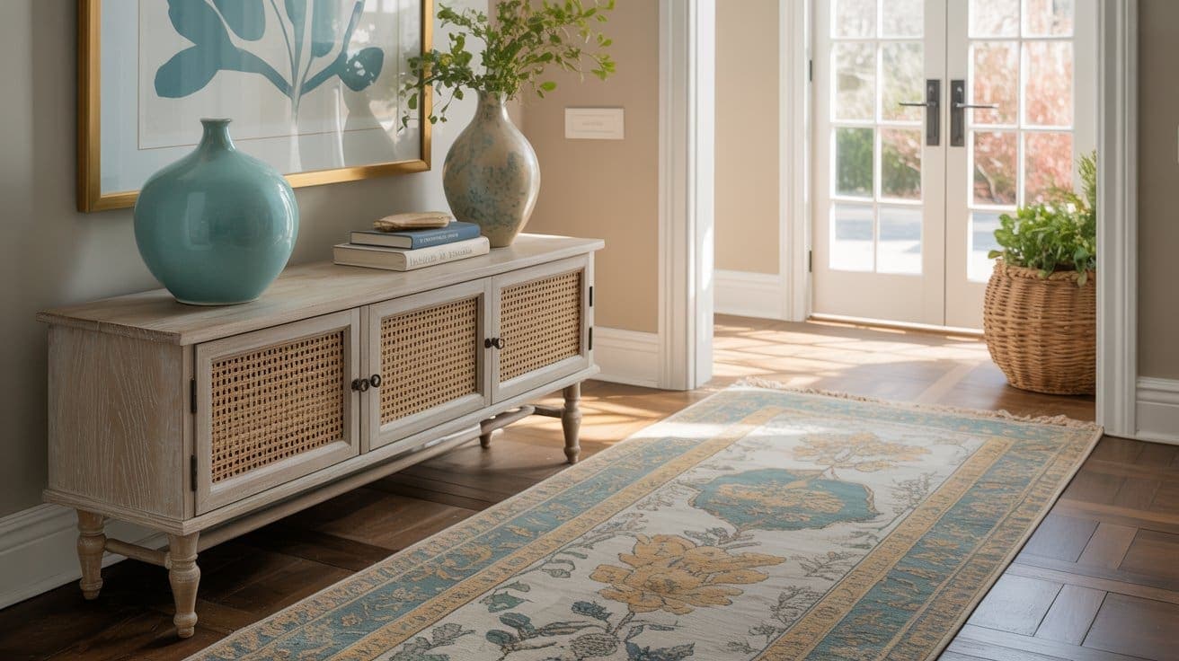 A bright, airy entryway features a wooden sideboard with wicker doors, blue and beige vases, a large framed print, a woven basket with a plant, and a floral-patterned runner rug on a hardwood floor. Sunlight streams through glass doors.
