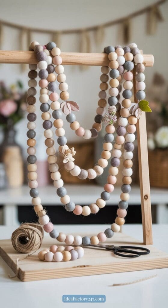Wooden bead garlands in pastel colors hang from a wooden stand on a table, with crafting tools like scissors and twine nearby. The background features blurred flowers and home decor.