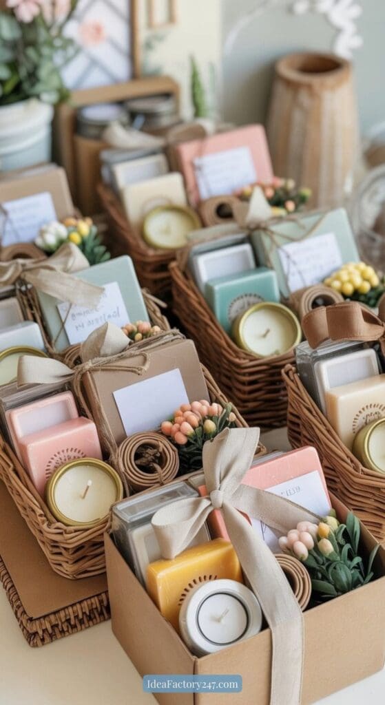 Wicker gift baskets filled with candles, soaps, and small plants, each decorated with a bow and arranged neatly on a table. The baskets include various pastel-colored and natural items for gifting.
