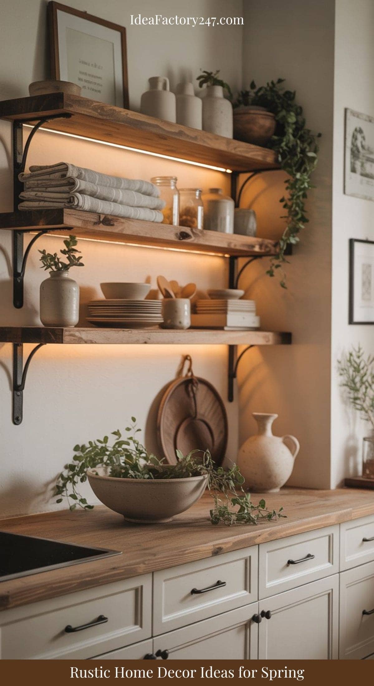 A cozy rustic kitchen with open wooden shelves displaying neutral-toned dishes, cups, and folded linens. Green plants and soft lighting enhance the warm, inviting spring decor.