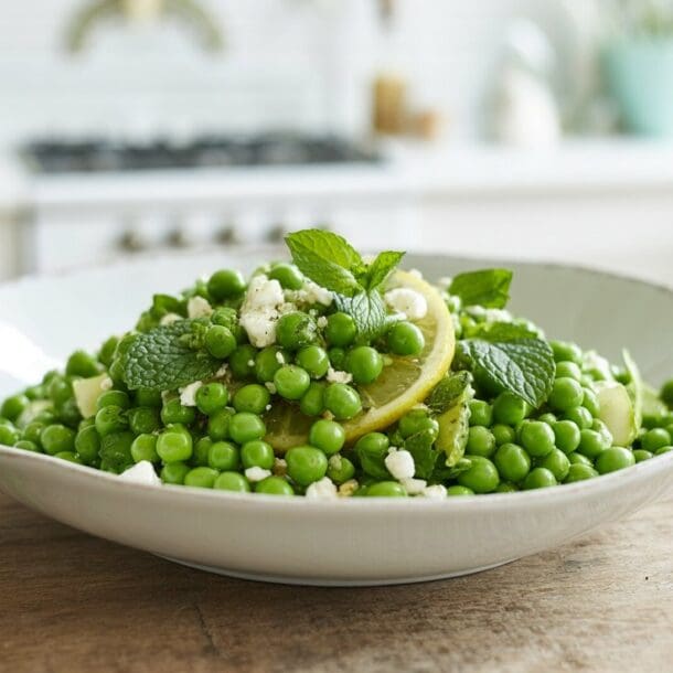 A white bowl filled with a vibrant spring pea and mint salad, garnished with lemon slices and crumbled cheese, sits on a wooden table in a bright kitchen.