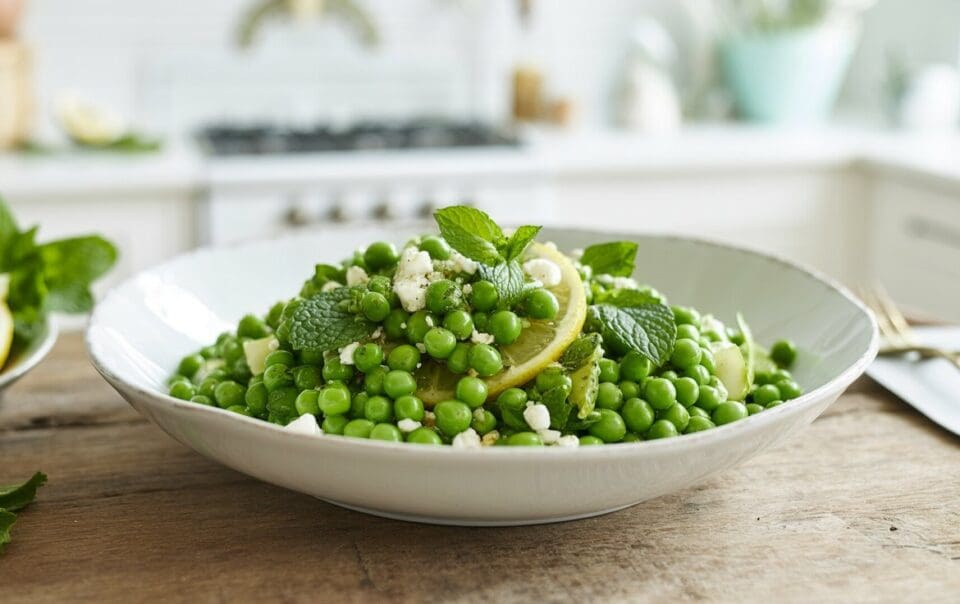 A white bowl filled with a vibrant spring pea and mint salad, garnished with lemon slices and crumbled cheese, sits on a wooden table in a bright kitchen.