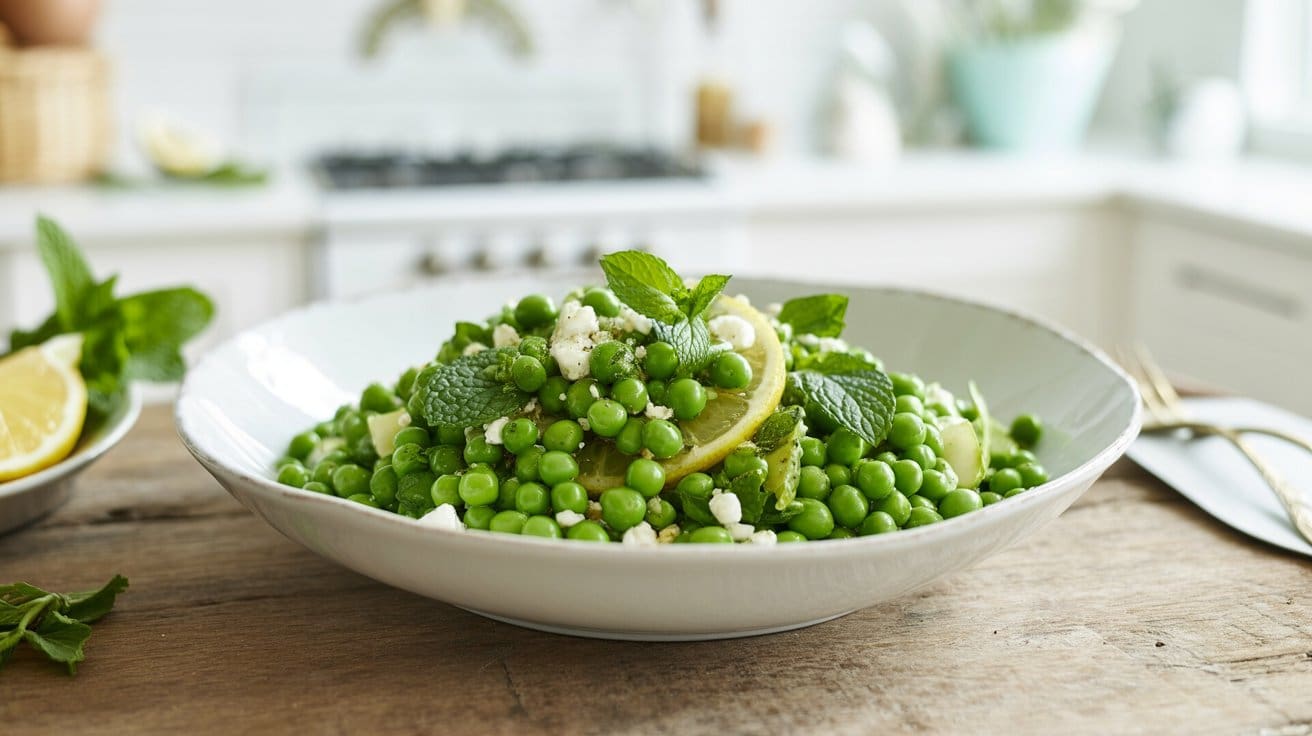 A white bowl filled with a vibrant spring pea and mint salad, garnished with lemon slices and crumbled cheese, sits on a wooden table in a bright kitchen.