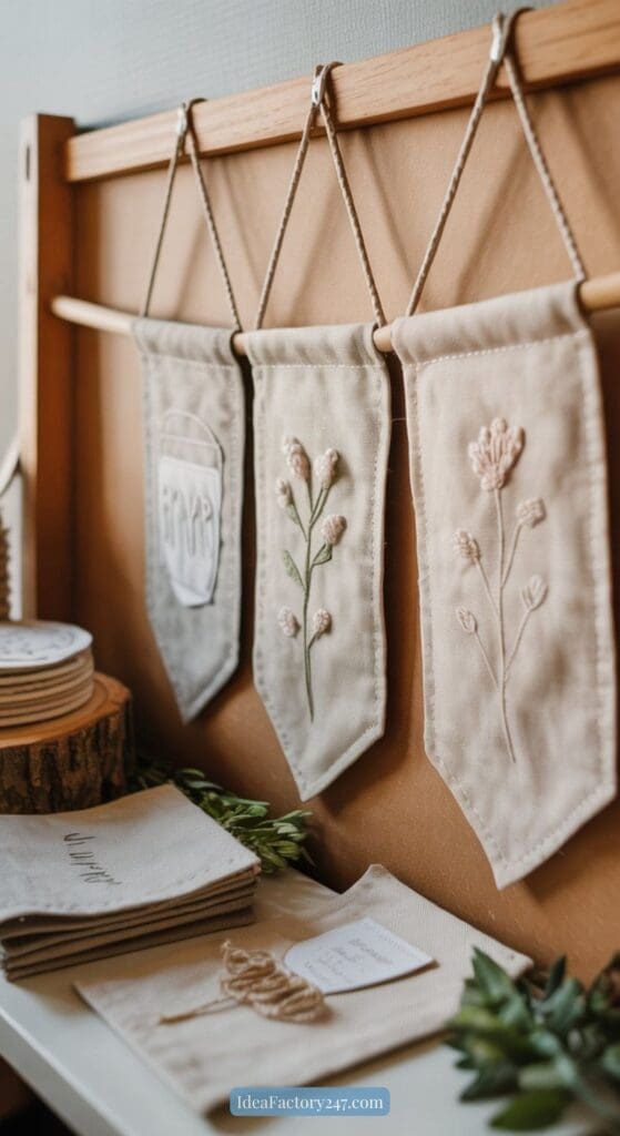 Three beige fabric banners with simple embroidered designs, including a jar labeled Happy and floral patterns, hang from a wooden rack. Nearby are napkins, coasters, and small leafy decor on a table.