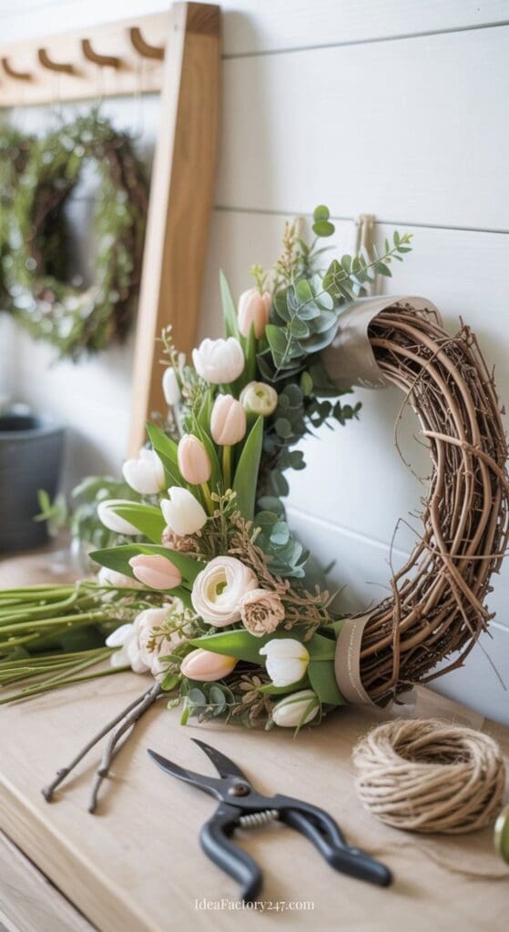A half-finished wreath made of grapevine decorated with white and blush artificial flowers and greenery sits on a wooden table, alongside scissors, twine, and craft supplies.