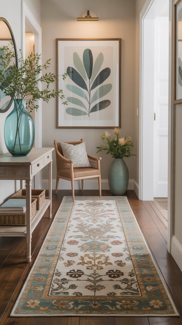 A bright hallway with spring entryway decor features a floral runner rug, wooden flooring, wicker chair with cushion, large framed leaf art, potted plants, console table with baskets, and a round mirror on the wall.