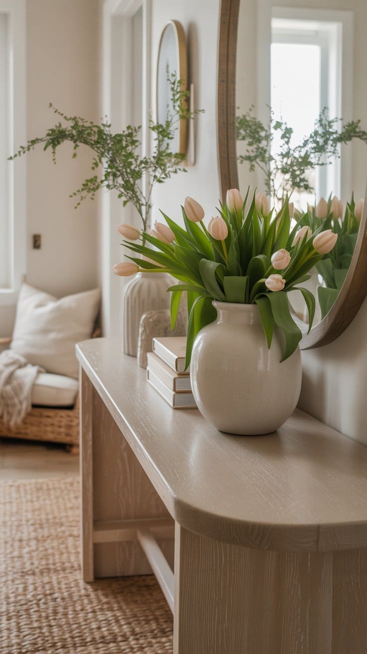 A light wood console table with a white vase of pale pink tulips, three stacked books, and a round mirror creates the perfect spring entryway decor. Greenery in a glass bottle and a cushioned bench complete this softly lit, cozy room.