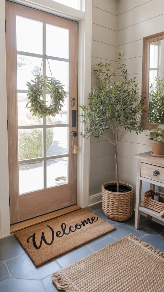 A bright spring entryway decor features a glass-paneled wooden door, a “Welcome” doormat, a potted plant, woven rug, small wooden table with mirror above, and a leafy wreath hanging on the door.