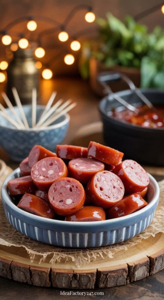 A blue bowl filled with sliced cocktail sausages is placed on a wooden board, with toothpicks, dipping sauce, and fresh herbs blurred in the background. Warm string lights create a cozy atmosphere.