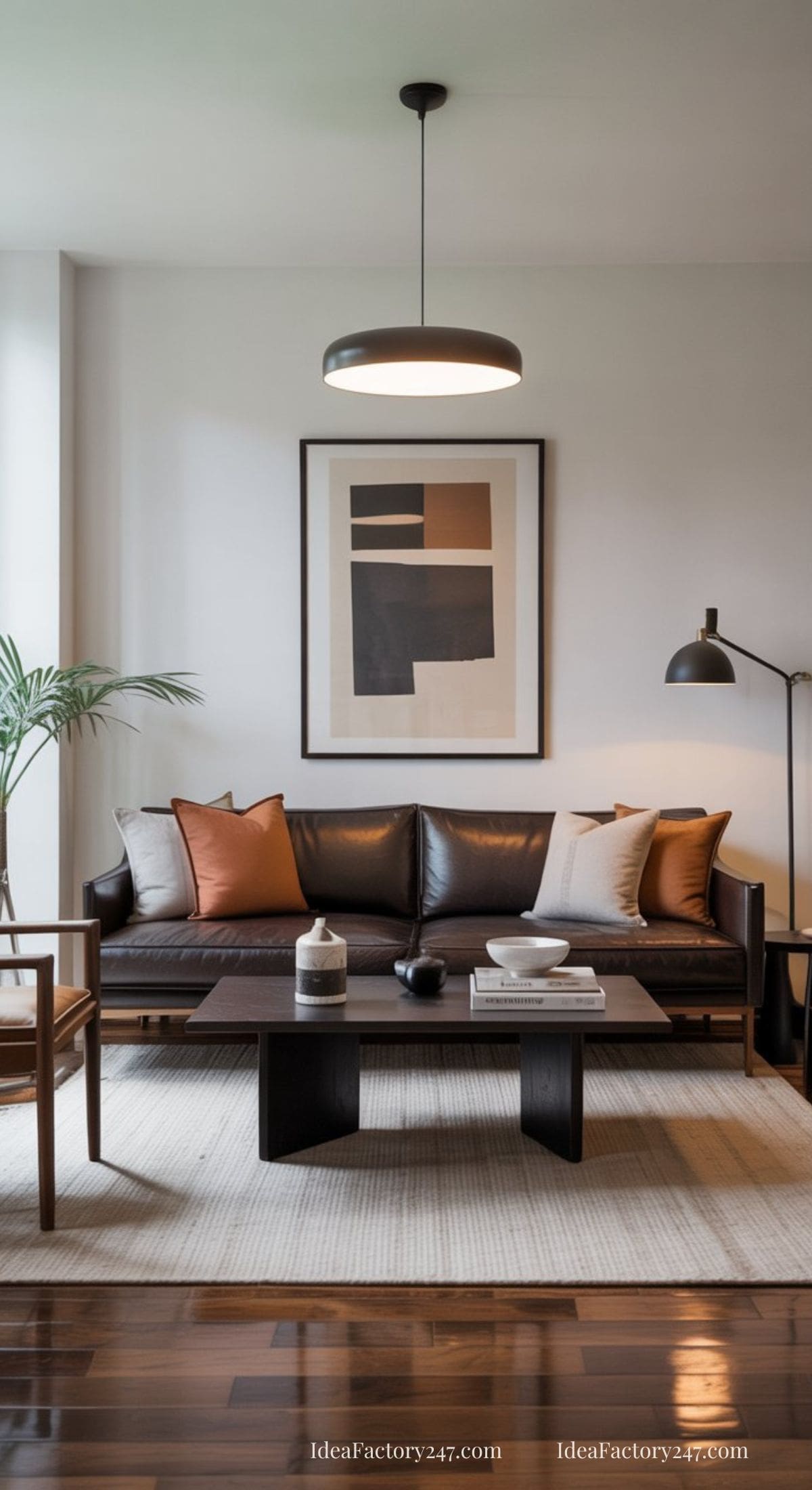 A modern living room with a black leather sofa, neutral and brown pillows, a black coffee table, a geometric framed artwork, a floor lamp, a pendant light, a potted plant, and a light rug on wooden floors.