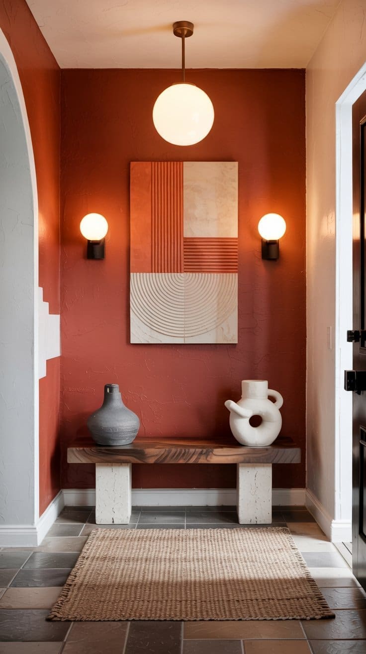 A small entryway with terracotta walls, modern art, a wooden bench with stone legs, two sculptural vases, wall sconces, a round pendant light, and a woven rug on a tiled floor.