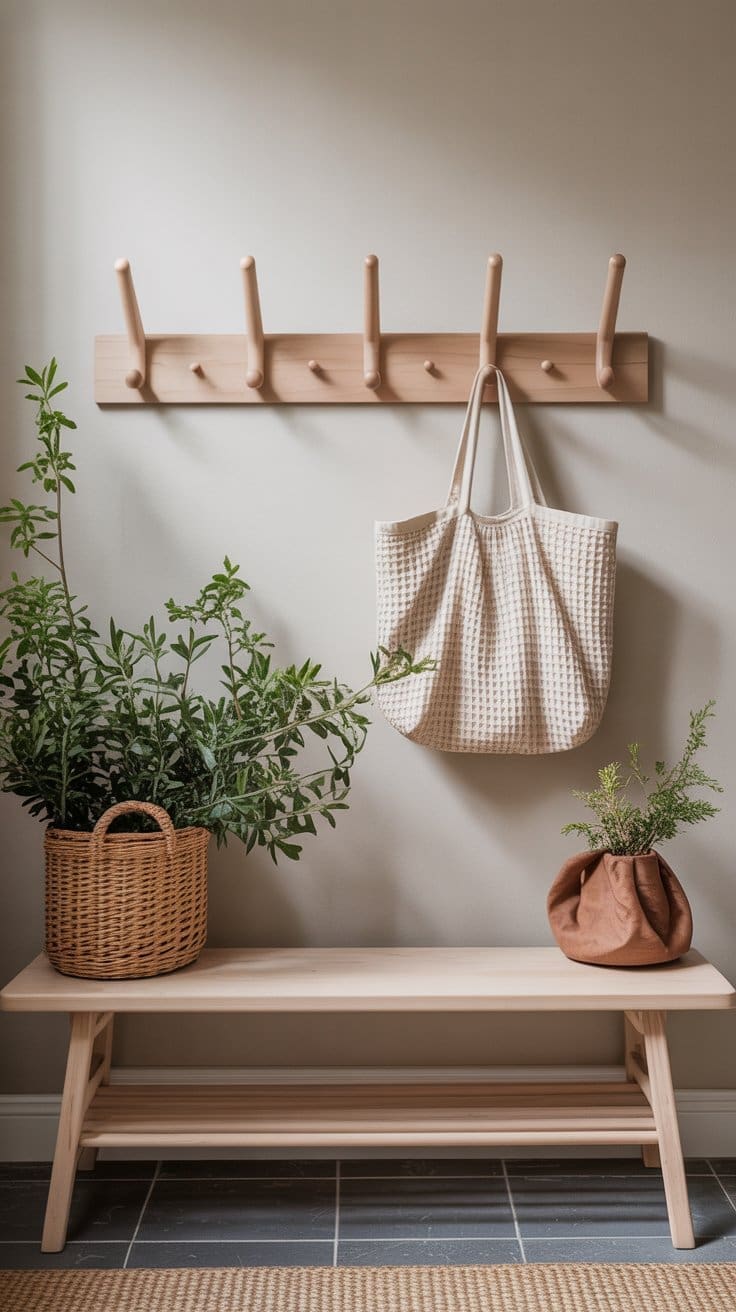 A minimalist spring entryway decor features a wooden bench, two potted plants, and a peg rail holding a textured cream tote bag on a light wall, creating a calm and natural atmosphere.