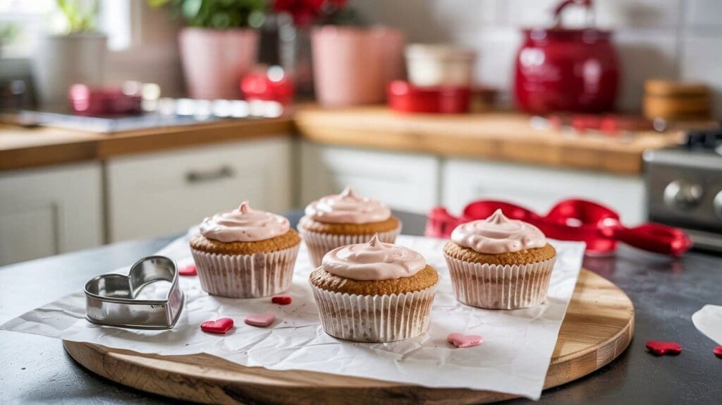 Four pupcakes with pink frosting sit on parchment paper atop a wooden board. A heart-shaped cookie cutter and red heart-shaped sprinkles decorate the kitchen counter, while a cozy kitchen setting completes the scene.