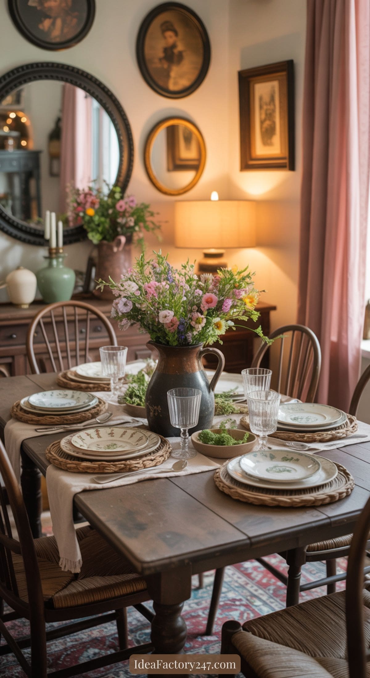 A cozy dining room with a rustic wooden table set for six, featuring floral plates, wicker placemats, glassware, and a large jug of fresh wildflowers as a centerpiece. Vintage decor and framed art adorn the walls.