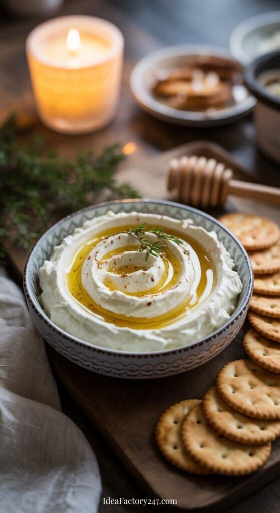 A bowl of creamy dip topped with olive oil, spices, and a sprig of rosemary, surrounded by round crackers on a wooden board, with a lit candle and honey dipper in the background.
