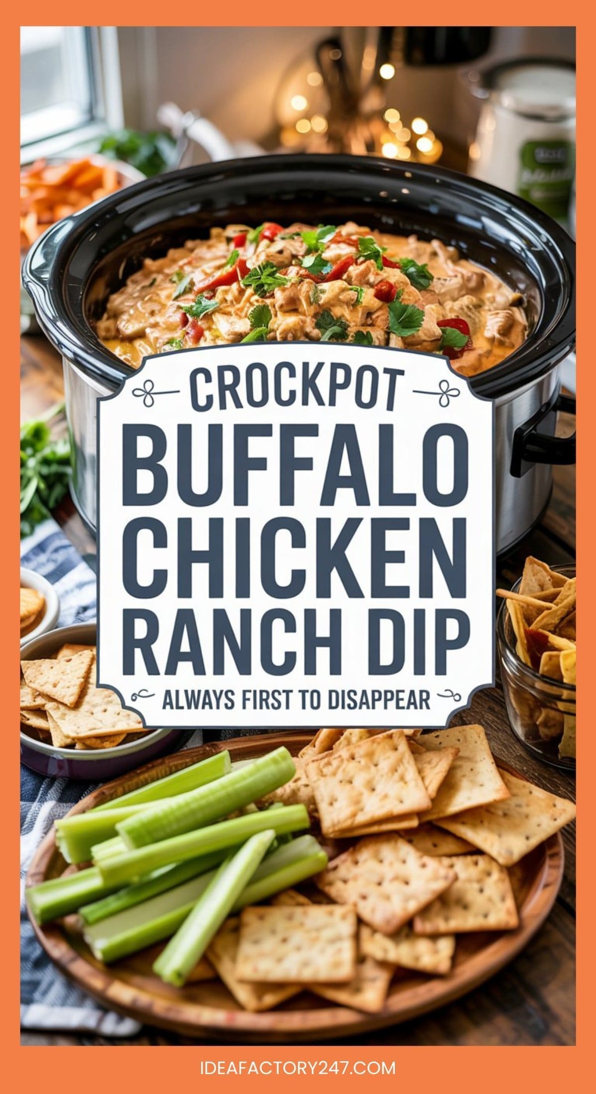 A crockpot filled with creamy buffalo chicken ranch dip sits on a table surrounded by crackers, celery sticks, and chips. A sign in front reads, “Crockpot Buffalo Chicken Ranch Dip - Always First to Disappear.”.