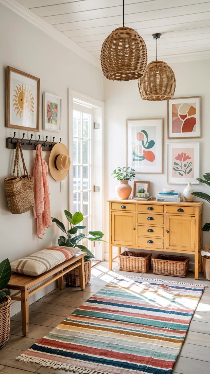A bright, cozy, and colorful entryway features a striped rug, wooden bench, woven baskets, hanging hats, houseplants, and vibrant art prints. Sunlight streams in through a glass door, highlighting the warm and inviting decor.
