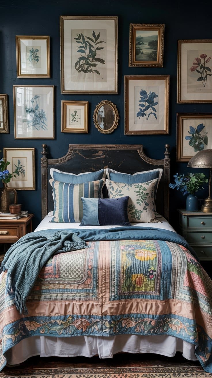 A cozy bedroom with a dark vintage headboard, layered pillows, and a colorful quilt. Botanical art prints cover the navy blue wall above the bed. Blue accents and potted flowers sit on bedside tables, adding a warm touch.