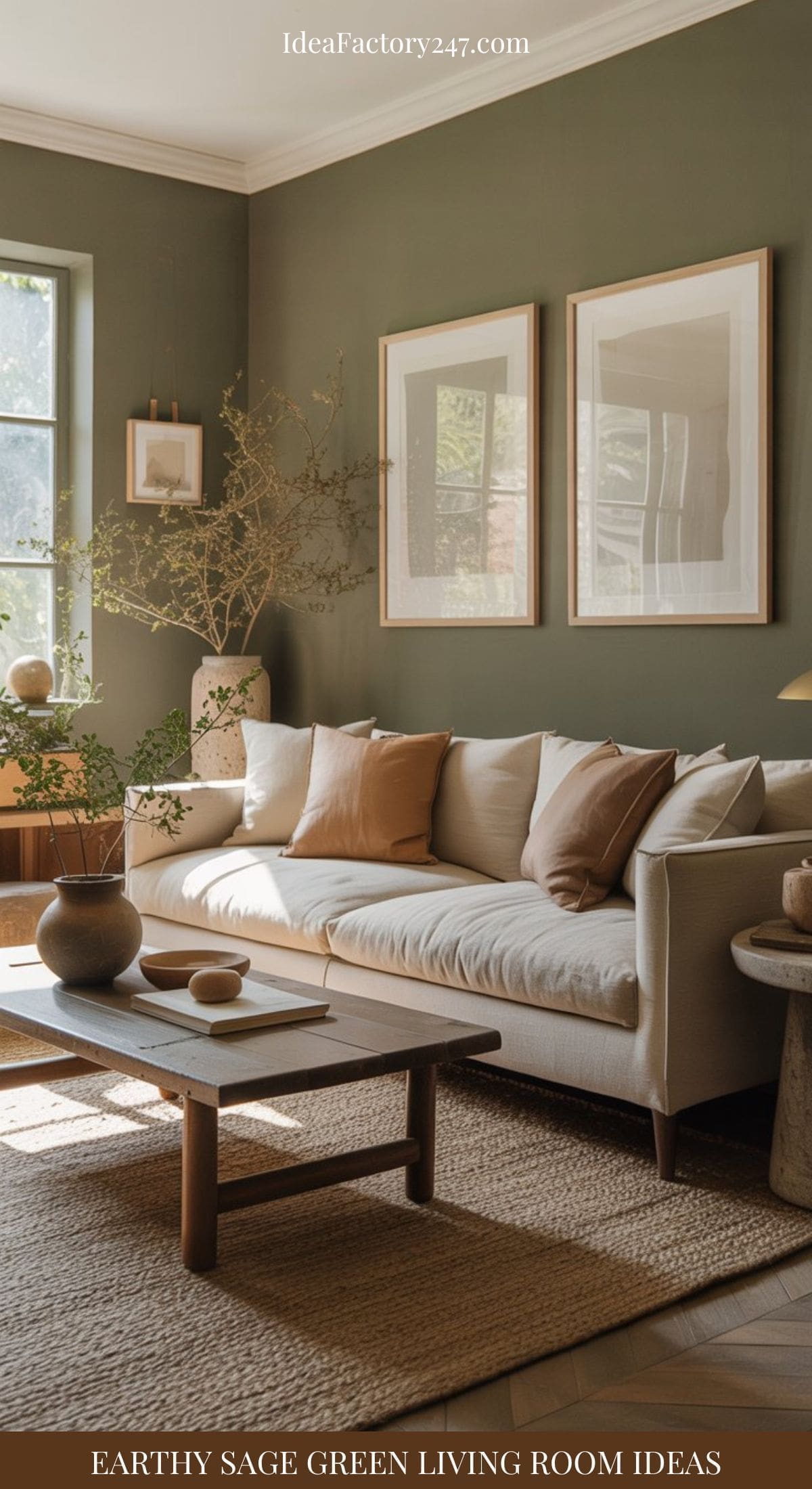 A cozy sage green living room with a cream sofa, neutral cushions, a wooden coffee table, natural decor pieces, framed art on the wall, and soft sunlight streaming through a window.