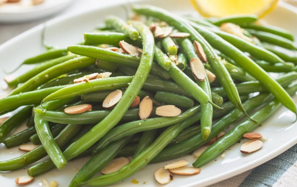 A plate of green beans with almonds, prepared in the classic Green Bean Almondine style.