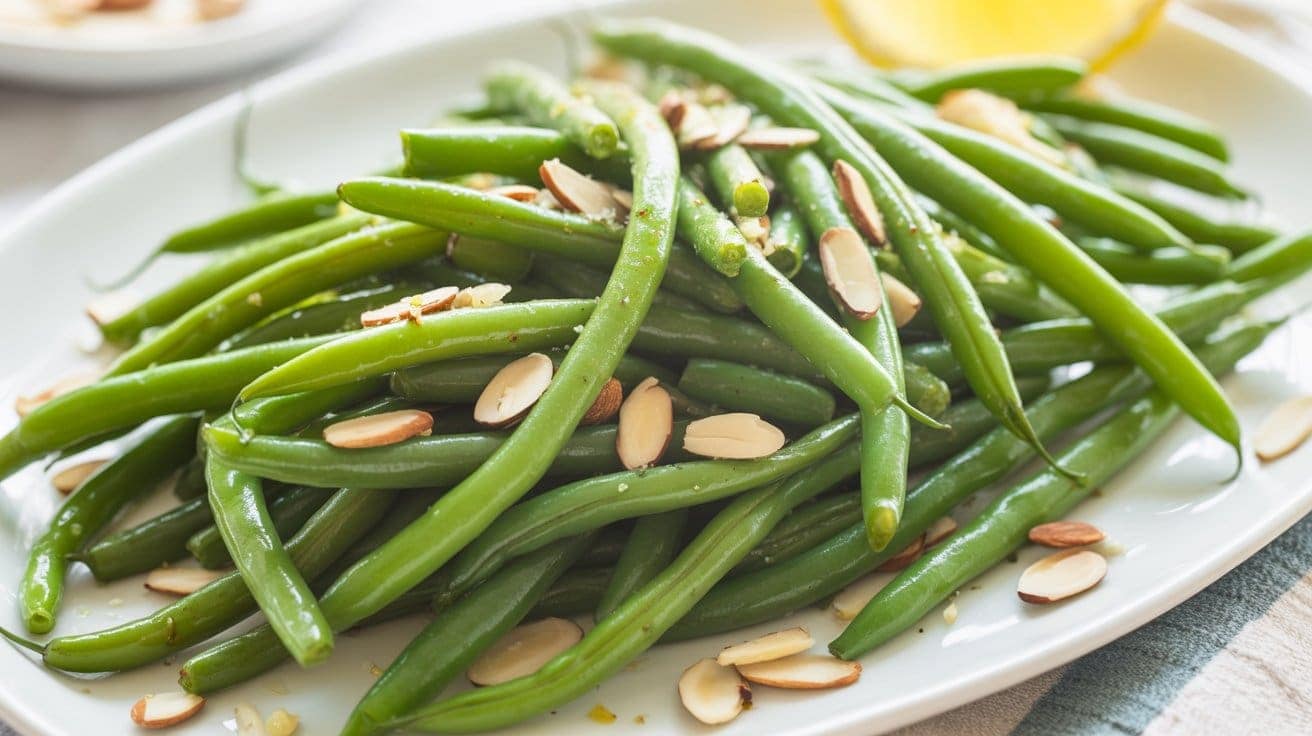 A plate of green beans with almonds, prepared in the classic Green Bean Almondine style.