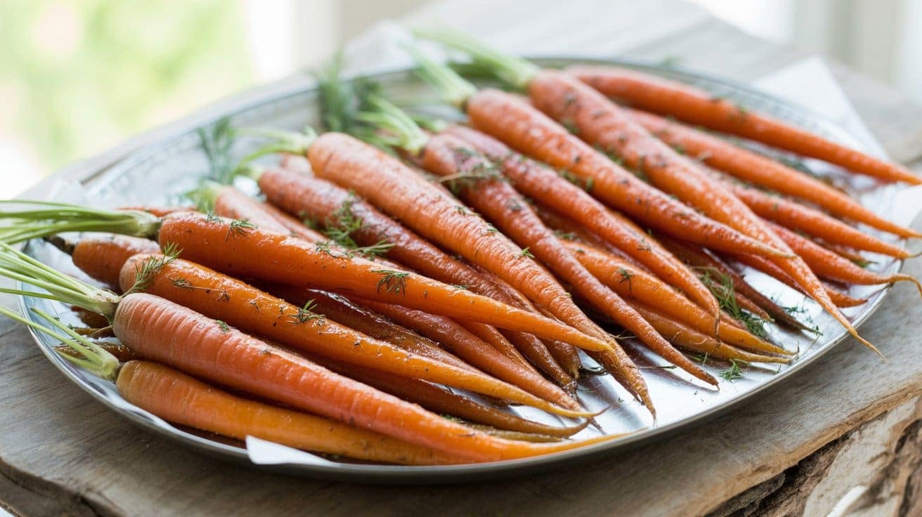 A silver tray filled with fresh, whole carrots, some with green tops still attached, sits on a rustic wooden surface. The neatly arranged carrots are sprinkled with herbs, ready to be transformed into honey roasted carrots.