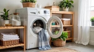 A modern laundry room with a front-loading washing machine, its door open and clothes hanging out. Wooden shelves hold folded towels, baskets, and plants, with sunlight streaming through a window.