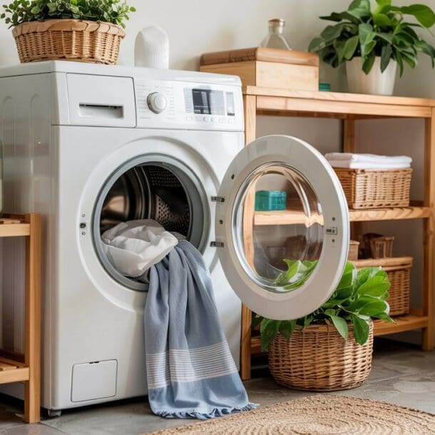 A modern laundry room with a front-loading washing machine, its door open and clothes hanging out. Wooden shelves hold folded towels, baskets, and plants, with sunlight streaming through a window.