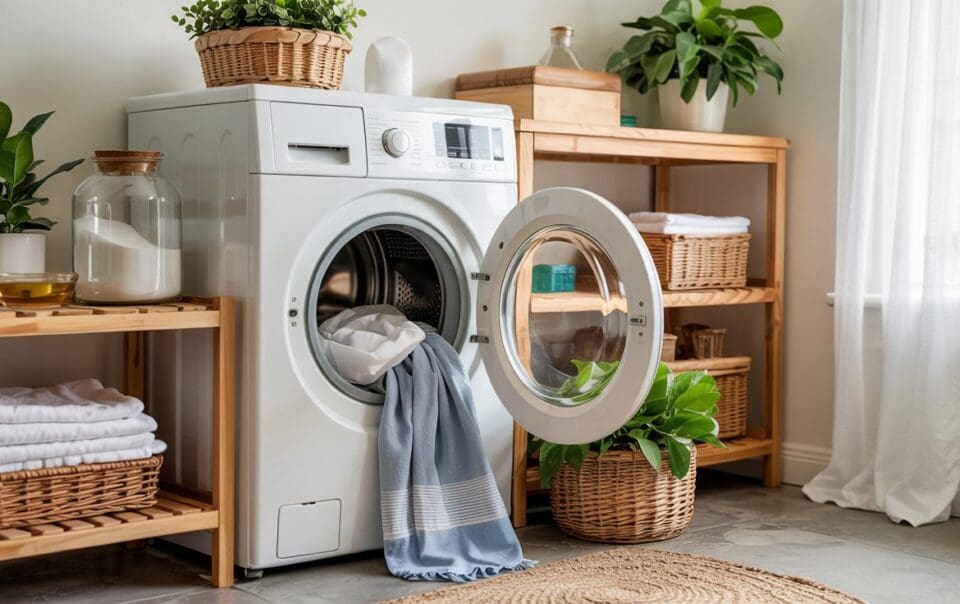 A modern laundry room with a front-loading washing machine, its door open and clothes hanging out. Wooden shelves hold folded towels, baskets, and plants, with sunlight streaming through a window.