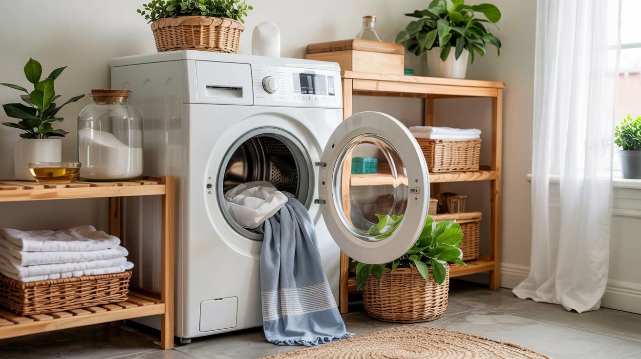 A modern laundry room with a front-loading washing machine, its door open and clothes hanging out. Wooden shelves hold folded towels, baskets, and plants, with sunlight streaming through a window.