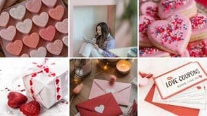 A collage of six romantic-themed images: heart-shaped cookies, a woman writing a letter, decorated heart cookies, a wrapped gift with hearts, pink and red envelopes, and love coupons cards.