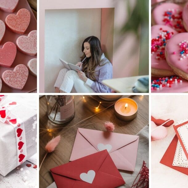A collage of six romantic-themed images: heart-shaped cookies, a woman writing a letter, decorated heart cookies, a wrapped gift with hearts, pink and red envelopes, and love coupons cards.