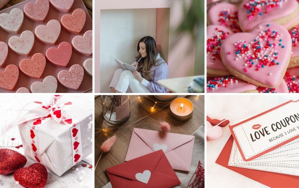A collage of six romantic-themed images: heart-shaped cookies, a woman writing a letter, decorated heart cookies, a wrapped gift with hearts, pink and red envelopes, and love coupons cards.