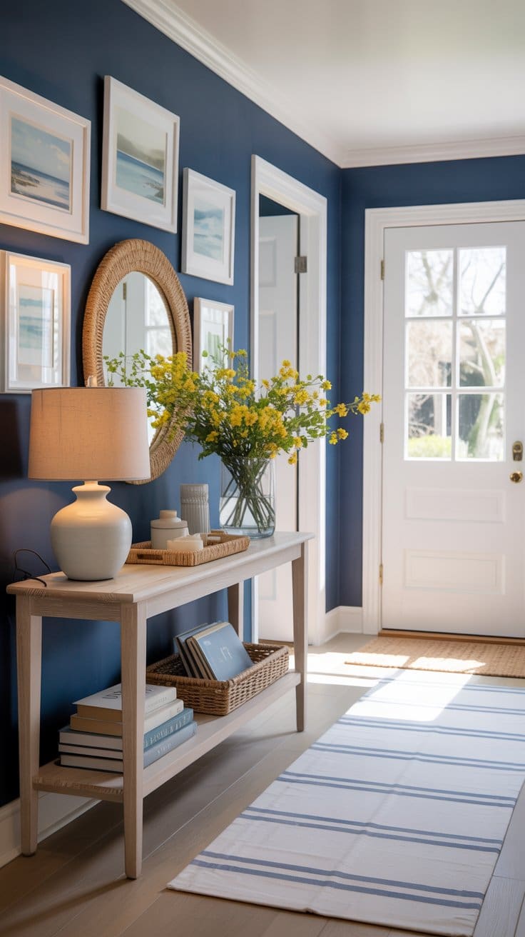 A bright spring entryway decor features navy blue walls, a white door, framed art, a round mirror, and a wooden console table with a lamp, books, and yellow flowers. A striped rug adds charm to the light wood floor.