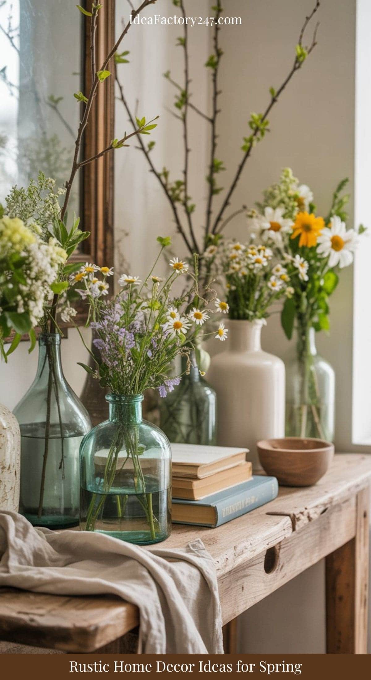 A wooden table holds glass and ceramic vases filled with spring flowers, a stack of books, a bowl, and a draped cloth. A large mirror in the background reflects the rustic, floral arrangement. Text reads: “Rustic Home Decor Ideas for Spring.”.