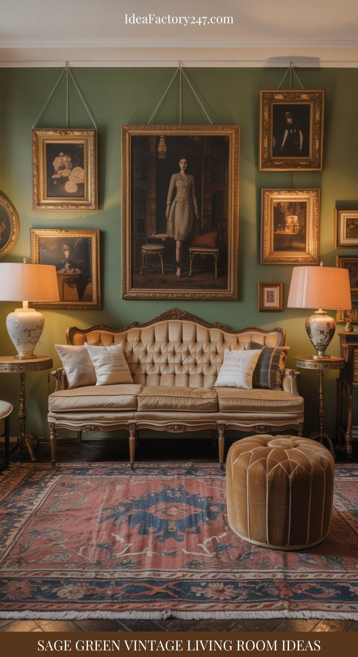 A vintage sage green living room features an antique sofa, two lamps, an ornate rug, and framed classic portraits. Decorative cushions, a round ottoman, and elegant vases complete the cozy, traditional decor.