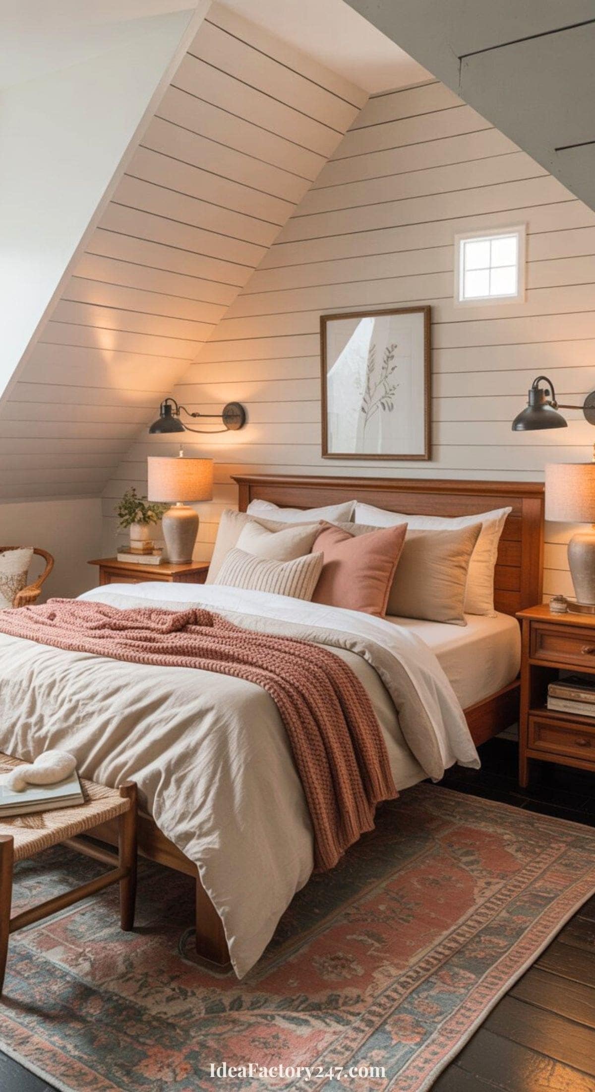 A cozy farmhouse bedroom in the attic features sloped white shiplap walls, a wooden bed with beige and rust bedding, matching nightstands with lamps, wall sconces, framed artwork, and a patterned area rug on dark wood floors.