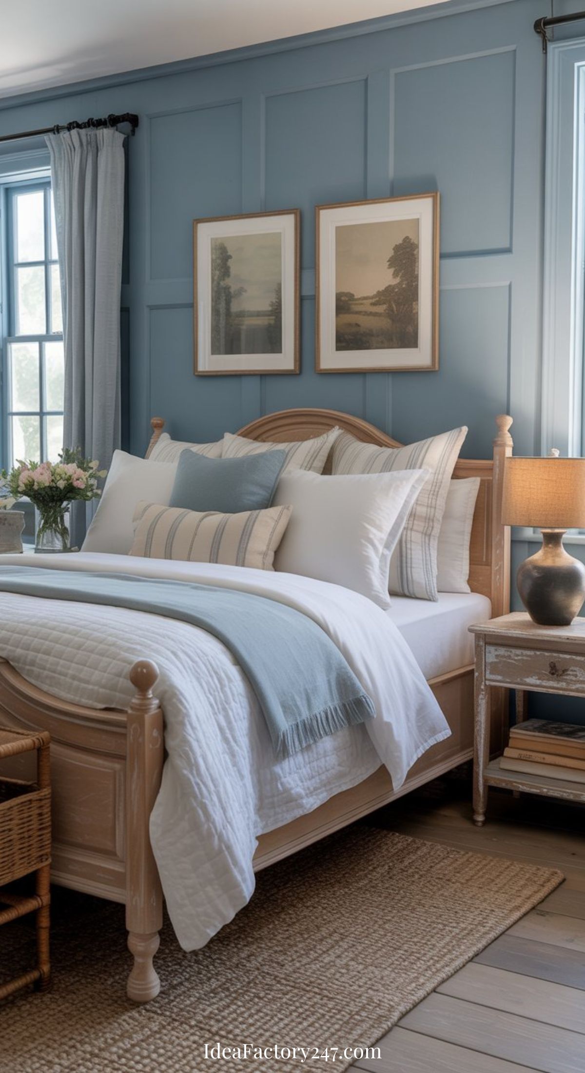 A cozy farmhouse bedroom with a light wood bed, white and blue bedding, a wicker bench, nightstand with lamp, and two framed landscape pictures on a blue paneled wall. Sunlight streams in through a window with gray curtains.