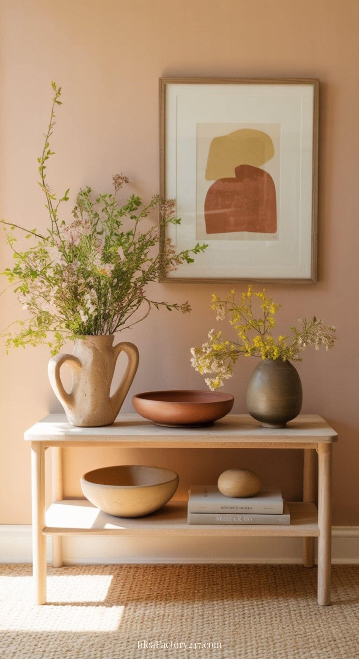 A wooden console table against a peach wall holds vases with green and yellow flowers, ceramic bowls, and books. Above it hangs an abstract framed artwork in earthy tones. The scene is calm and minimalist.