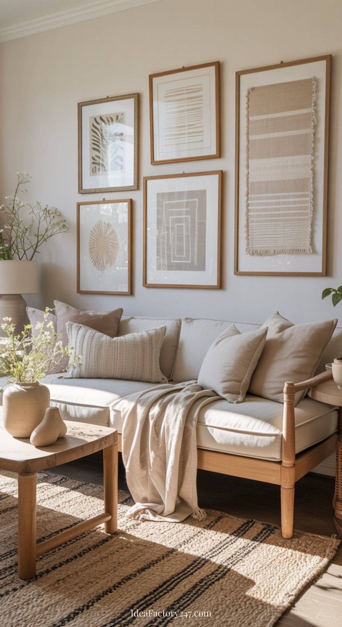 A cozy living room with a beige sofa, neutral throw pillows and blanket, a wooden coffee table with a vase, and framed minimalist art on the wall. Sunlight streams in, enhancing the soft, earthy tones of the decor.