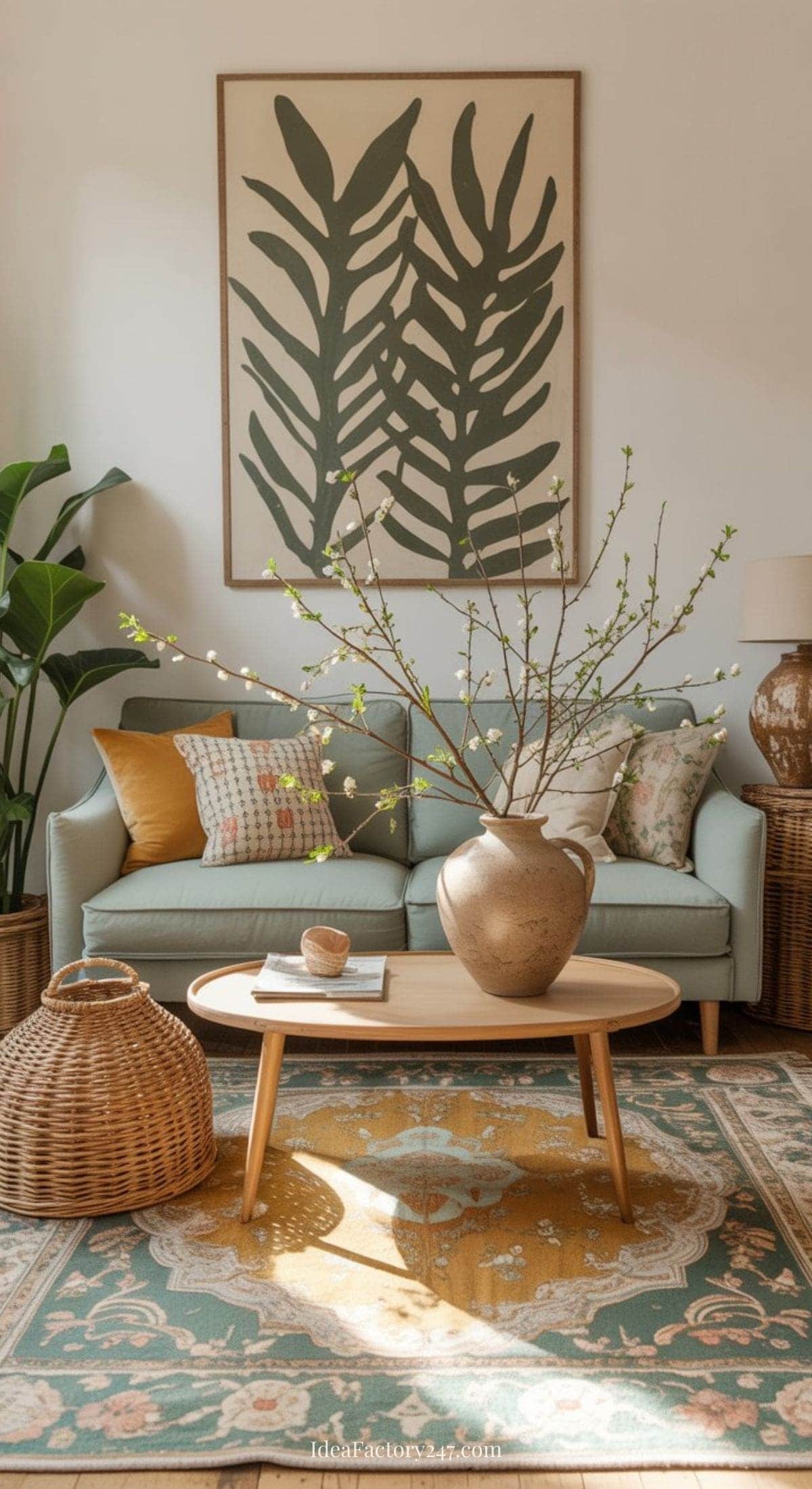 A cozy living room with a light blue sofa, patterned cushions, a large botanical wall art, and a wooden coffee table holding a clay vase with flowering branches. Decorative rattan baskets and plants add a natural touch.