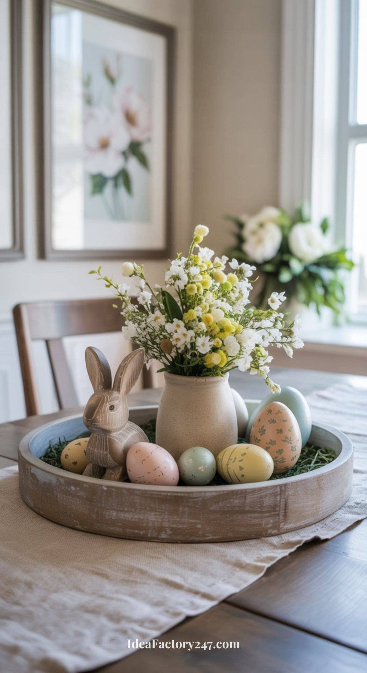 A round wooden tray on a dining table holds a ceramic vase with white and yellow flowers, pastel-colored decorative Easter eggs, and a rabbit figurine. Framed floral art hangs on the wall in the background.
