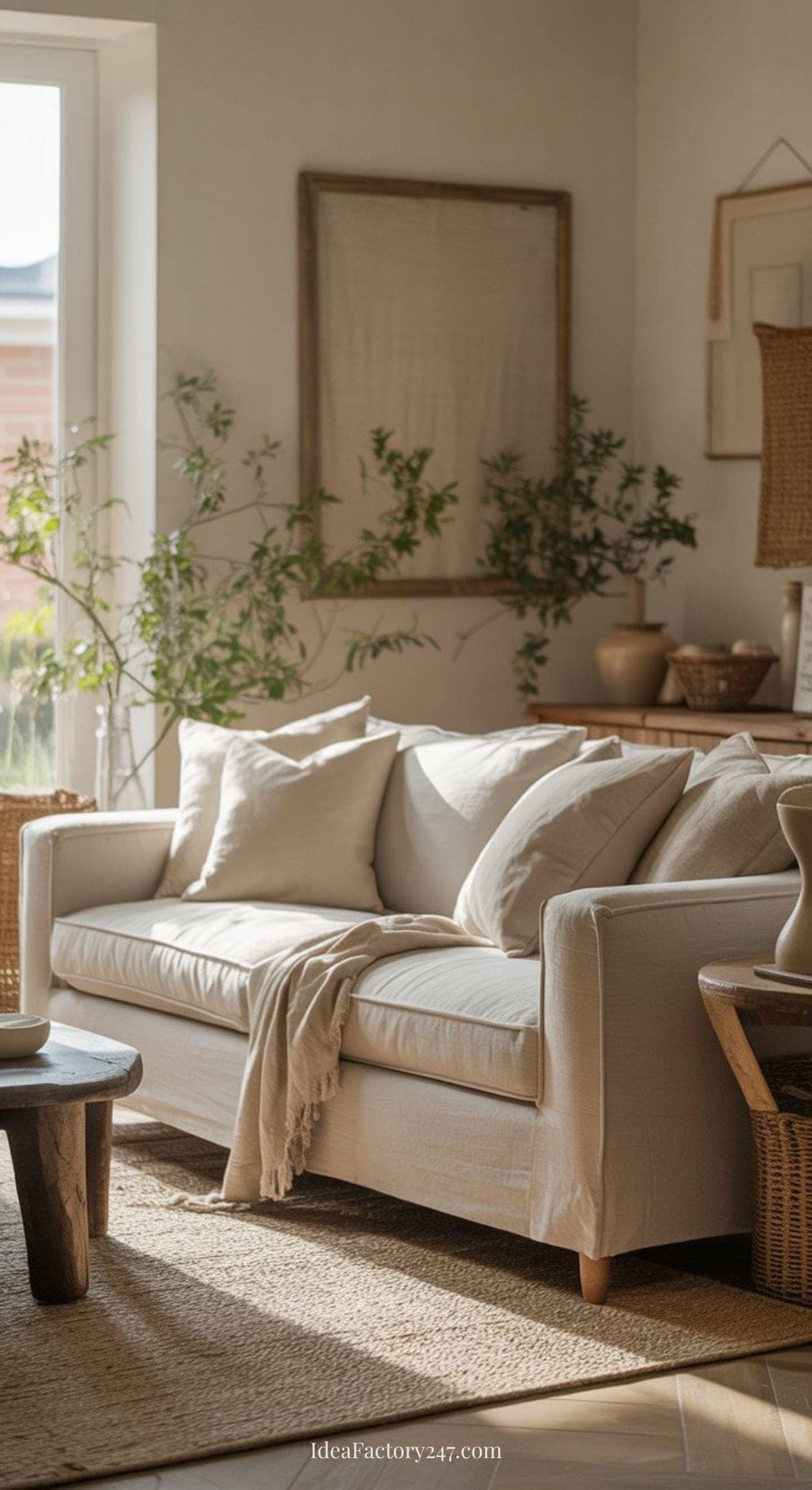 A cozy living room with a beige sofa adorned with pillows and a throw blanket, a round wooden coffee table, indoor plants, and soft natural light streaming through a nearby window.