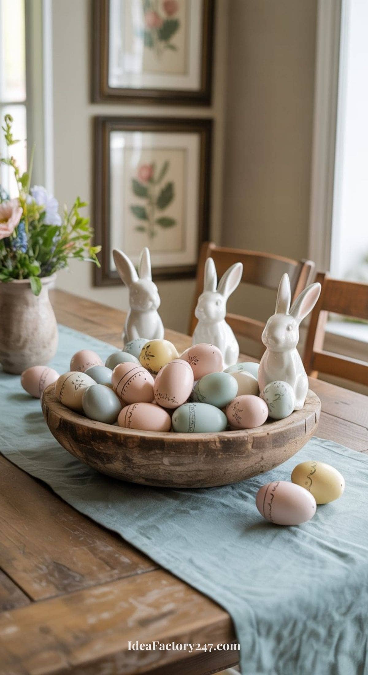 A wooden bowl filled with pastel-colored Easter eggs sits on a table with a blue runner. Three white ceramic bunny figurines and a vase of flowers are in the background, with framed botanical art on the wall.