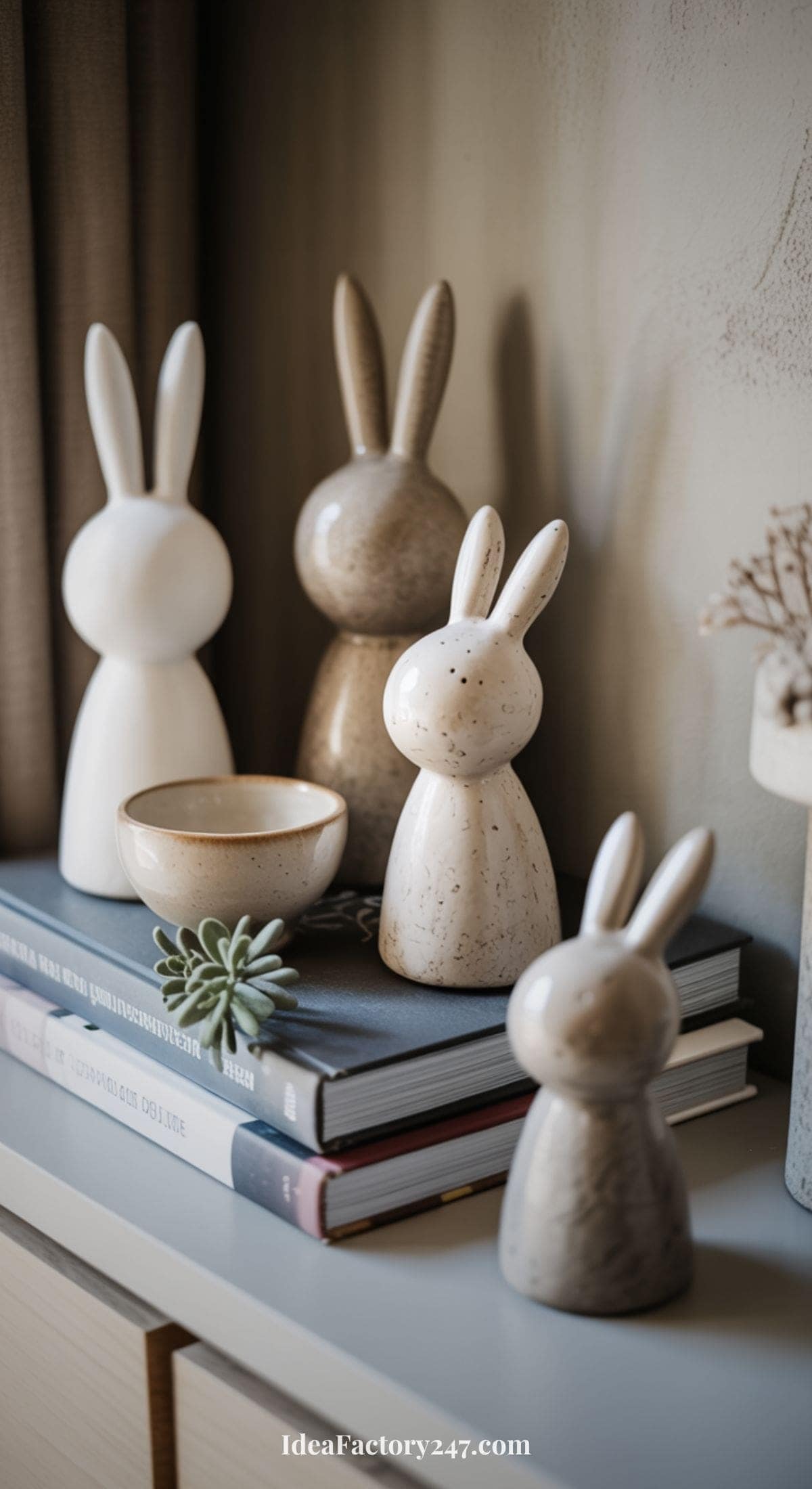 Four ceramic bunny figurines in neutral colors are arranged on and beside stacked books, with a small bowl and a succulent plant nearby, creating a cozy decorative display on a light-colored surface.