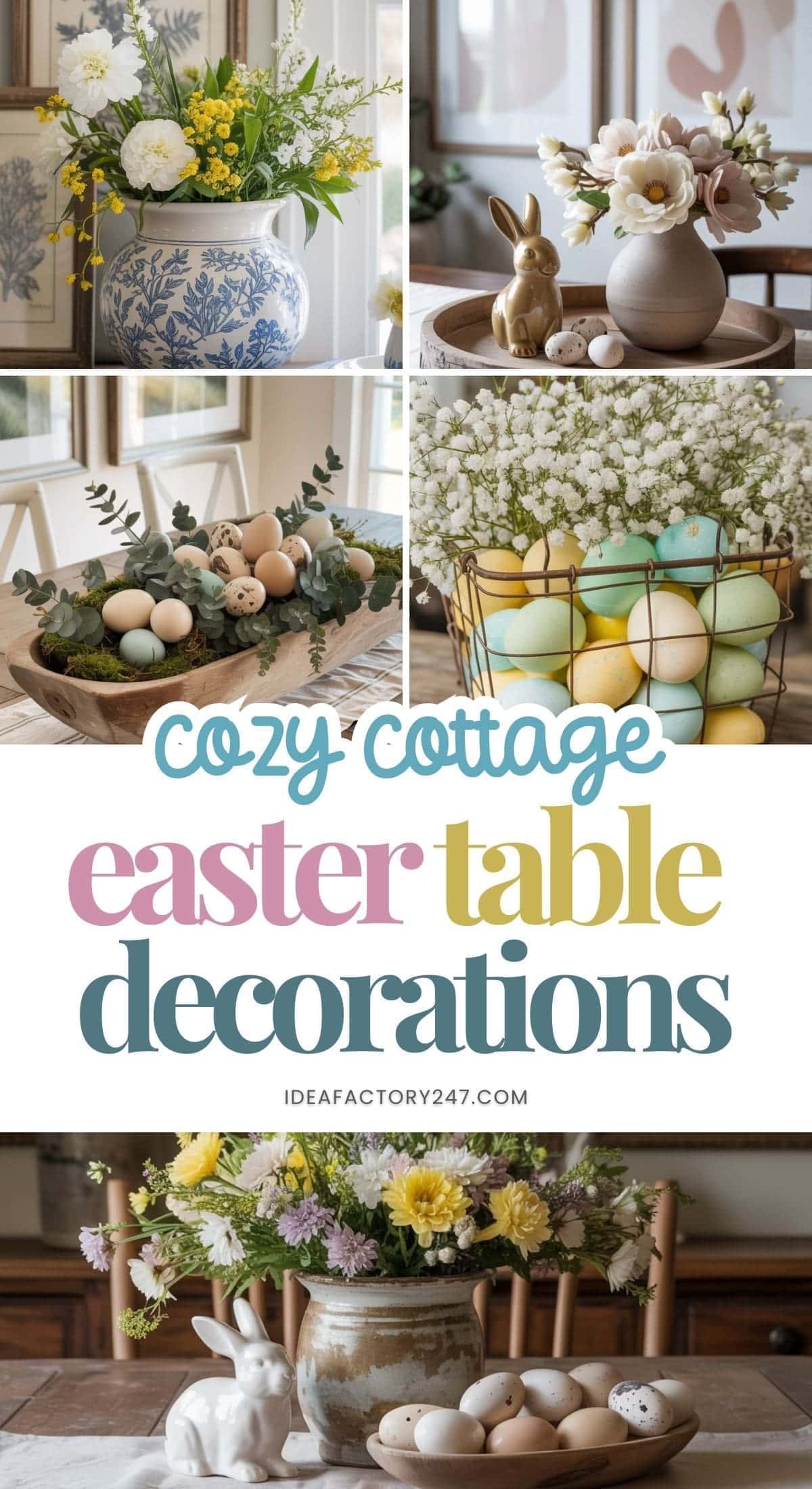 A collage of cozy cottage Easter table decorations features charming cottage Easter centerpiece ideas—vases of spring flowers, pastel eggs in a wire basket, ceramic bunnies, and a wooden bowl with eggs for a warm and festive table setting.