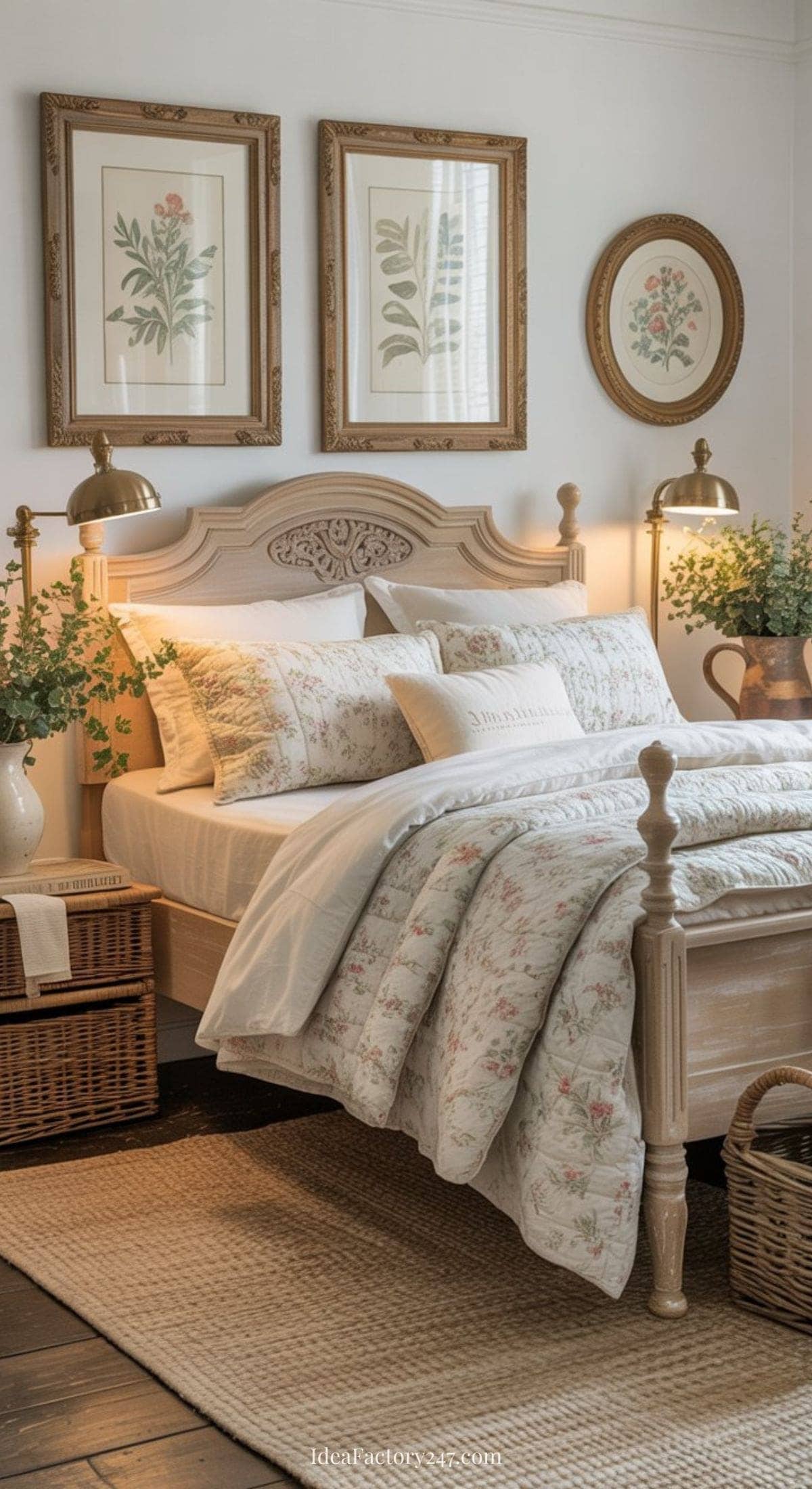 A cozy bedroom with a carved wooden bed, floral bedding, woven baskets, bedside tables with plants, brass lamps, and botanical artwork on the white wall above the headboard.